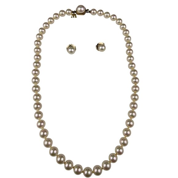 Majorica Womens Gold Tone Faux Pearl Necklace & Earrings Set Spain Signed - Picture 1 of 8